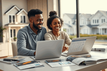 Grafik eines glücklichen Paares vor ihrem neuen Traumhaus, symbolisiert durch Immobilienkredite ohne bürokratische Hürden.