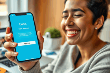 Abbildung der bunq-Karte, die schnelle Genehmigung und einfache Nutzung für Online-Zahlungen zeigt.