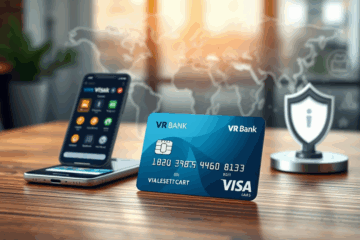 Illustration der VR-Bank Visa Karte mit Features und Vorteilen