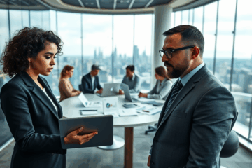 Eine Person, die in einem modernen Büro der Deutschen Bank arbeitet und sich auf berufliche Entwicklung konzentriert.
