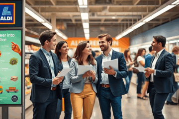 Person steht vor dem Aldi-Logo und plant ihre Karriere.