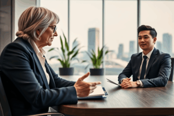 Eine Person bereitet sich auf ein Vorstellungsgespräch vor, während sie über schwierige Fragen nachdenkt.