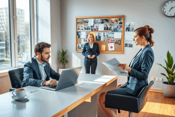 Ein Bewerber zeigt seine Fähigkeiten, um Recruiter zu beeindrucken.